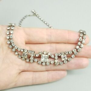 Vintage Rhinestone Collar Necklace, Silver Tone Prong Set Glass Stones, Fancy